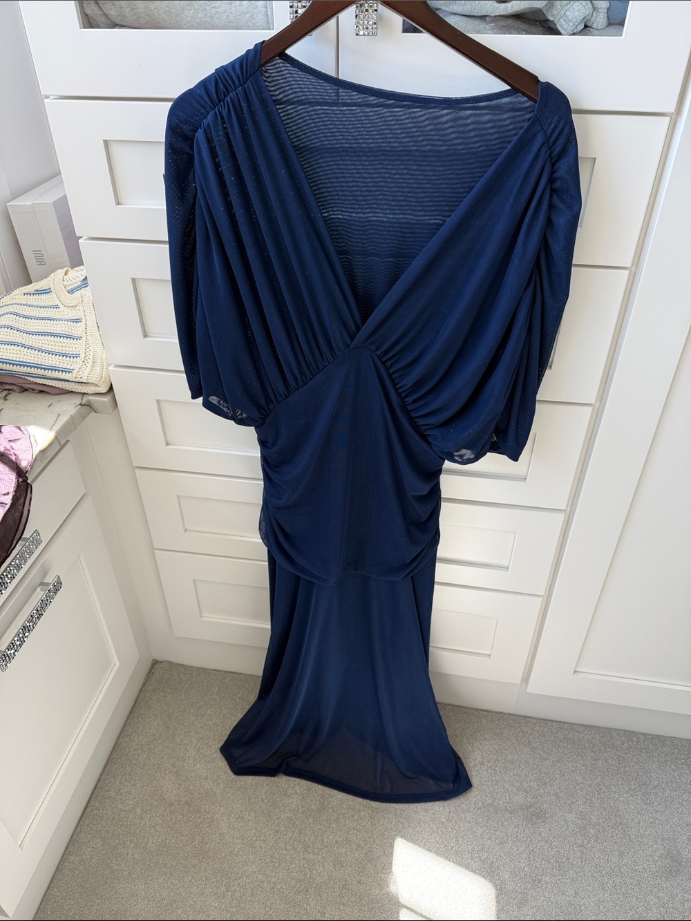 Navy Blue V-Neck Maxi Dress with Draped Bodice